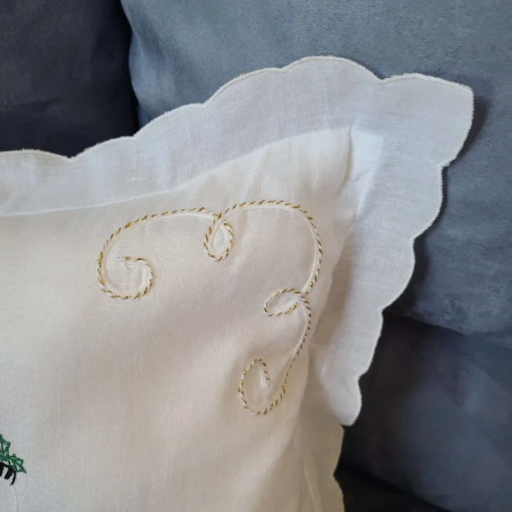 Christmas Snowmen Embroidered Throw Pillow Gold Cord Embellished Scalloped Trim